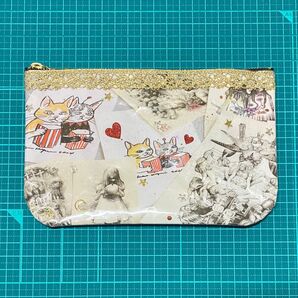 【SALE】フラットポーチ 横幅18cm 裏面合皮 BLACK ホラーチック ギュス ネコ