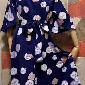 【No.116】ネイビー×彩り華 ゆったりワンピース ふんわり袖 オシャレな部屋着 お出かけ用