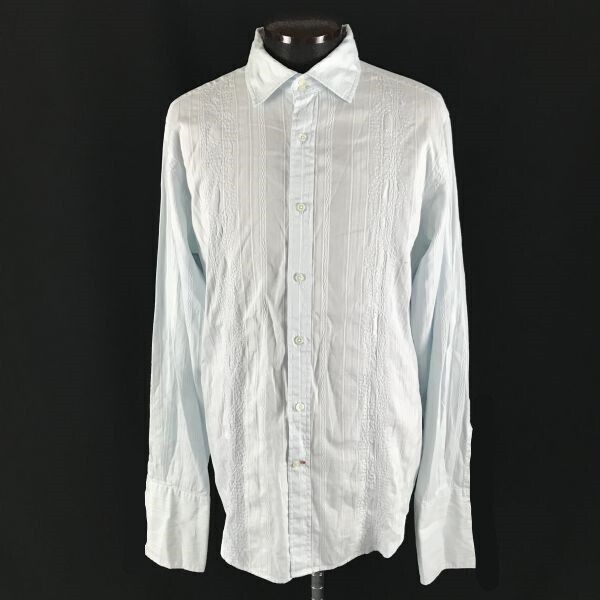 送料込★GUESS★ストライプ/アラン模様ステッチ/コットン/長袖シャツ【メンズM/水色】ゲス◆BF572