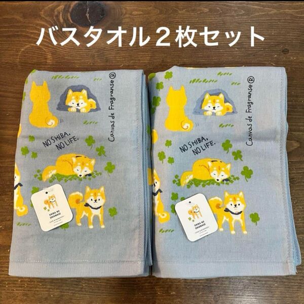 【新品】 ガーゼ&無撚糸バスタオル 柴犬 シバのしあわせ ブルー 2枚セット