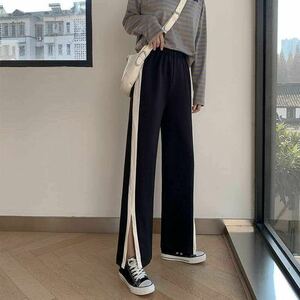 *LAPB004 spring autumn lady's stylish plain race beautiful legs side line wide pants (S-XL)