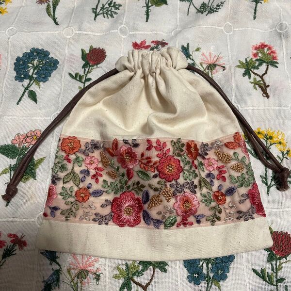 ハンドメイド インド刺繍 巾着袋