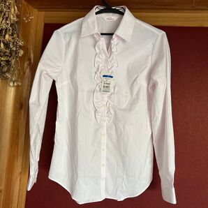 洋服の青山 n line precious エヌラインプレシャス フリルブラウス 9号 ピンク系 ストライプ