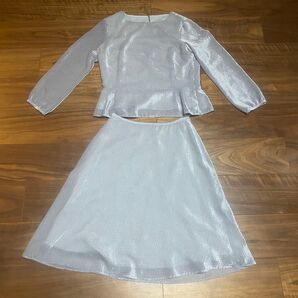 シルバー 光沢 セットアップ ペプラム Aライン スカート スーツ 上下セット