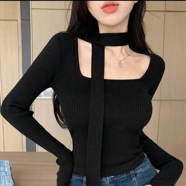 shein dazy スカーフ付きリブニット