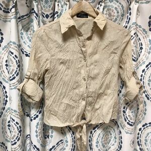  new goods Cecil McBee wrinkle processing front .. 7 minute sleeve shirt blouse military beige sleeve roll up collar wire 