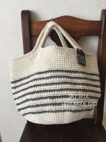 《受注製作》大きいサイズ 麻ひもかごバッグ オフホワイト×グレー