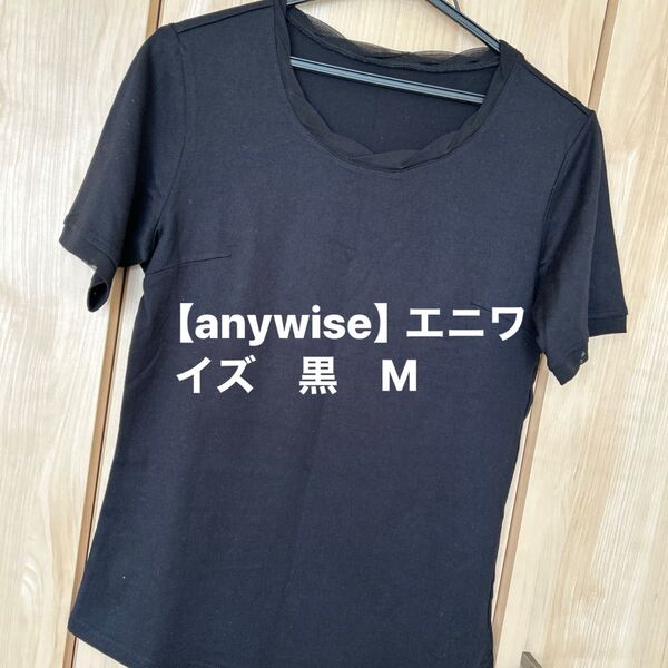 【anywise】エニワイズレディース半袖トップス 黒 Mサイズ 半袖Tシャツ襟シースル