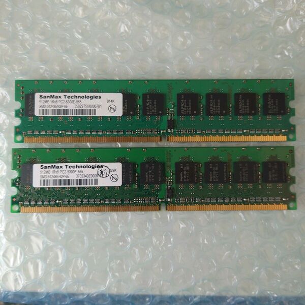 DDR2 512MBメモリ、PC2-5300規格、240ピン、ECC対応。2枚