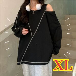 ユニセックス 個性的 ロンT 肩ジッパー オーバーサイズ モード ロック 肌見せ ブラック 長袖 ゆったり