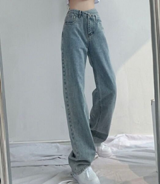 新品 レイヤー風 アシメ デニムパンツ ライトブルー M