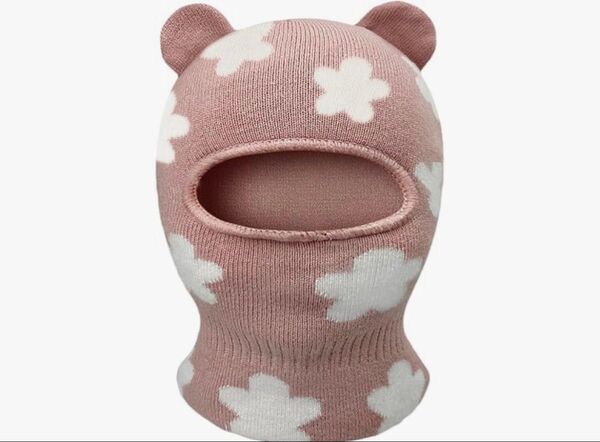 【新品未使用】花柄耳付きニット帽 ピンク 子ども目出し帽 フリーサイズ