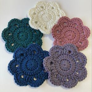 5枚セット♪キラキラお花モチーフコースター ハンドメイドかぎ針編み