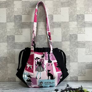 ハンドメイド 巾着バッグ 犬と女の子 ピンク