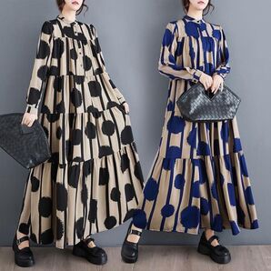 シャツワンピース ブルー 長袖 ドット ストライプ柄 レトロ