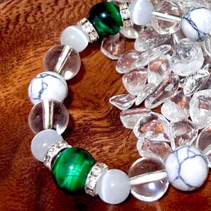 長さ変更可 グリーンタイガーアイ×ホワイトターコイズ×キャッツアイ×水晶 キレイめ 天然石ブレスレット