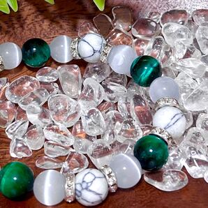 長さ変更可 グリーンタイガーアイ×ホワイトターコイズ×キャッツアイ 天然石ブレスレット