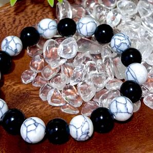 長さ変更可 ホワイトターコイズ×ブラックアゲート モノトーン 天然石ブレスレット