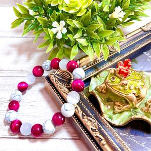 長さ変更可 ピンクタイガーアイ×ホワイトターコイズ×キャッツアイ 恋愛運 良縁 家庭円満 健康長寿 天然石ブレスレット