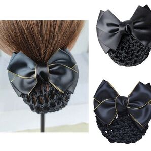 1個リボン バレッタ(ネット付)シニヨン おだんごカバー ネット 仕様1大黒金 髪飾り 髪留め 取り外せ 滑り止めクリップ