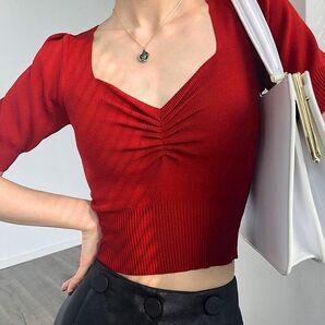 Vネック ニットトップス レディース スクエアネック カットソー ギャザー
