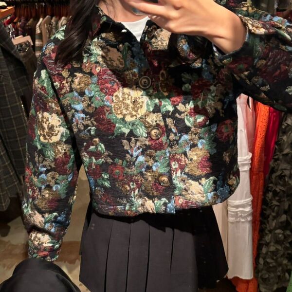 柄ショートジャケット 花柄 長袖シャツ ジャケット 古着