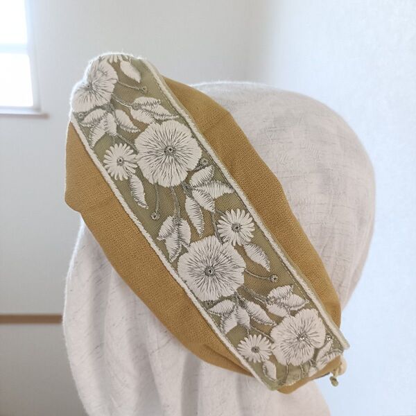 761【春色インド刺繍リボン×イエロー】サイズぴったり幸せターバン