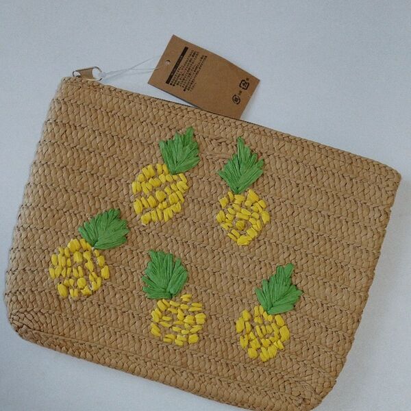 【新品】【DECOHOME】カゴクラッチバック パイナップル 刺繍入り カゴポーチ 18×24cm