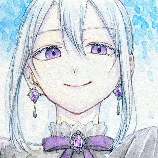 手描きイラスト オリジナル 原画 ATCサイズ 創作 水彩 ピアス 紫 青