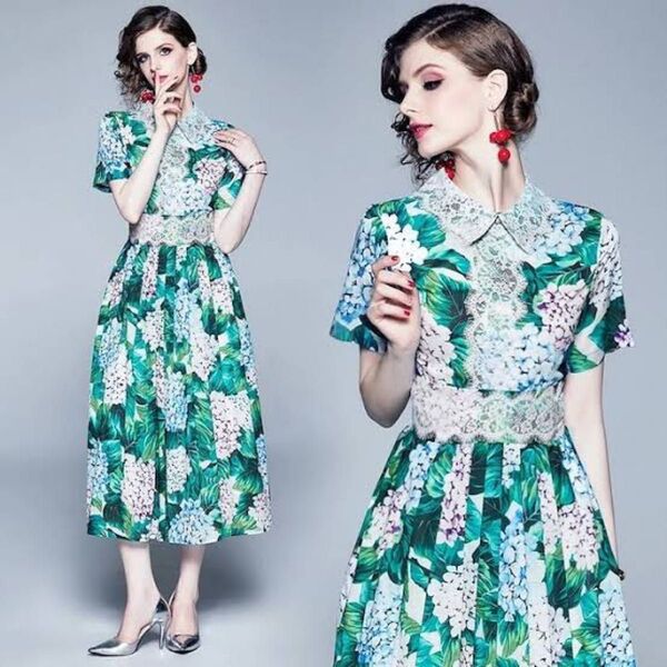 レース襟 紫陽花柄シフォンフレアロングワンピース