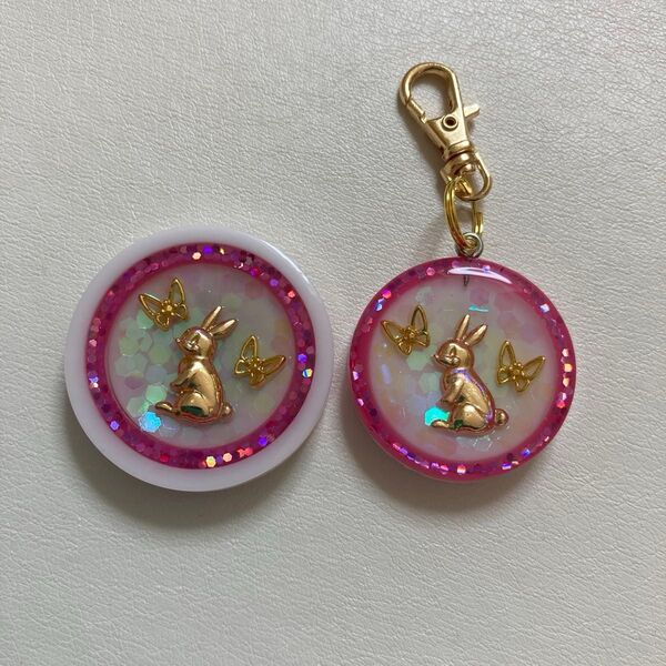 ☆273 ゴルフマーカー&キーホルダーセット うさぎさん ピンク×ホワイト ハンドメイド レジン