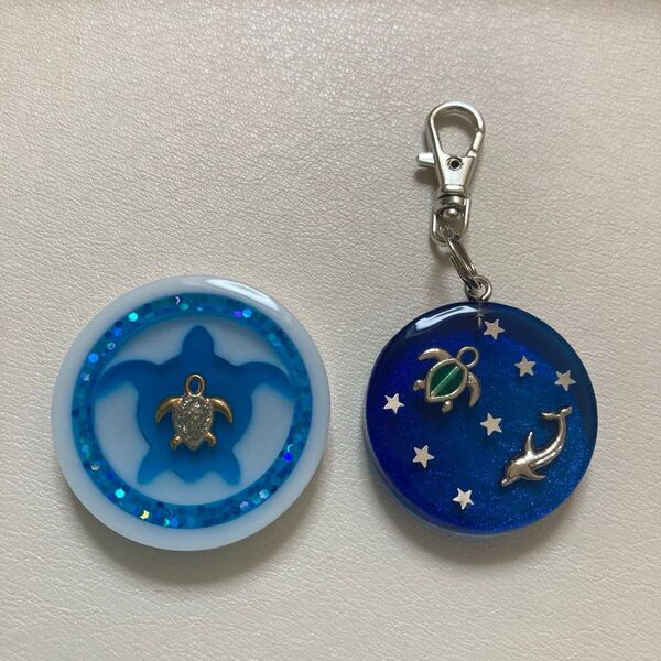 ☆271 ゴルフマーカー&キーホルダーセット カメさん ブルー×ホワイト イルカ 【訳あり】ハンドメイド レジン