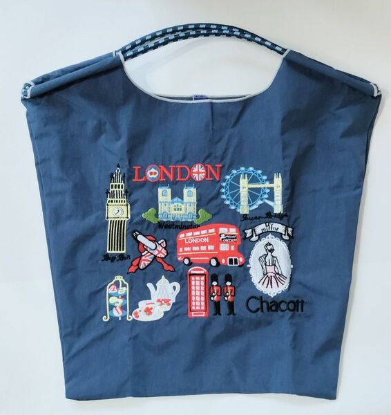 刺繍 エコバッグ 青 ネイビーブルー Mサイズ ロンドン トートバッグ ショルダーバッグ かわいい