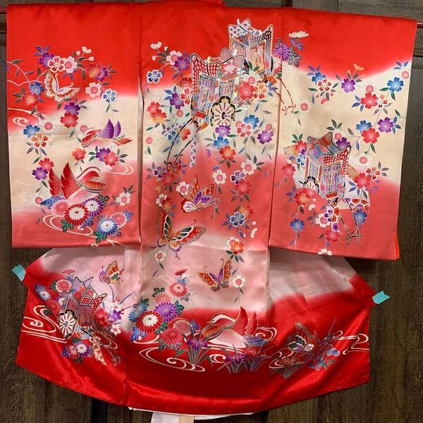 【美品】御所車に枝垂れ桜・蝶模様子供着物(内袖・長襦袢)