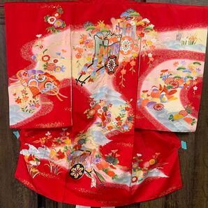 【美品】御所車に鴛鴦・花模様お宮参り(内袖・長襦袢)