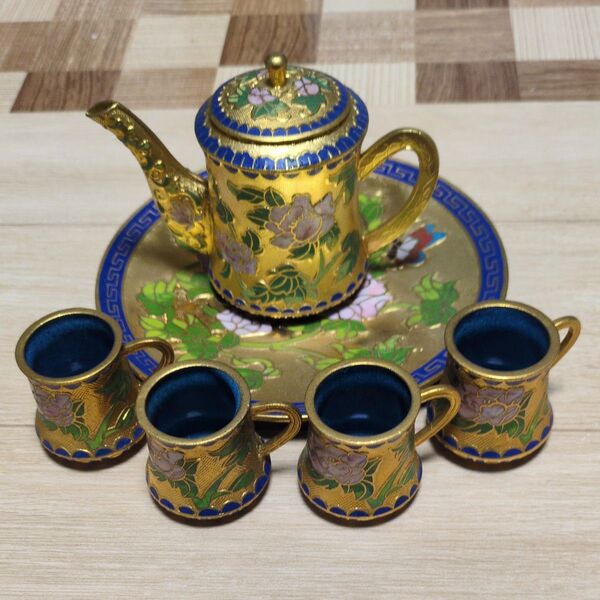 七宝焼 ミニチュア 花柄 茶器セット ミニサイズ ティーポット お皿 / 中国 七宝