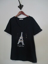 Douxarcives紺VネックプリントTシャツ（USED）30820_画像1