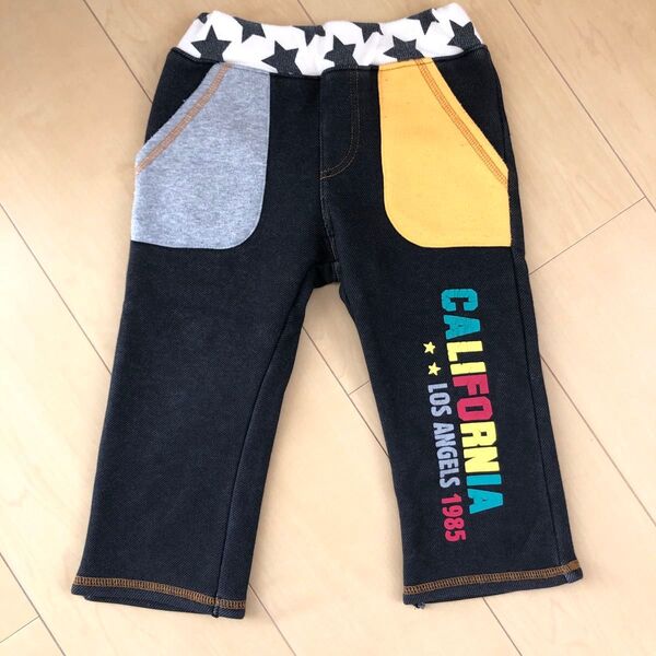 【90cm】カラフルポケットデニム風 裏起毛パンツデニムパンツ ロンパン