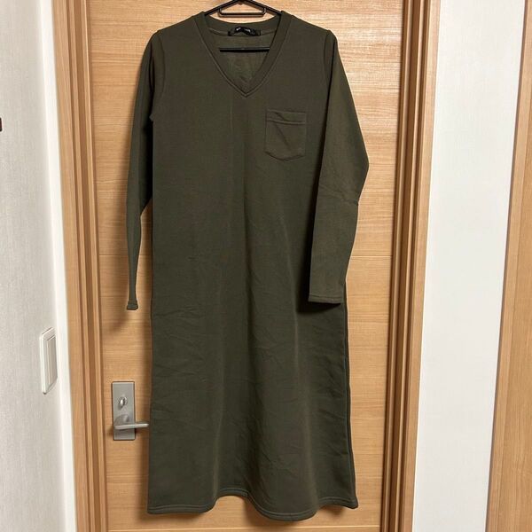 ワンピース 長袖 カーキ M 膝下丈