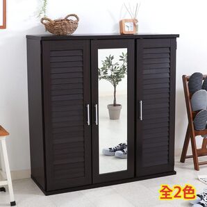 【新品 送料無料】キャビネット シューズボックス 幅90cm ミラー付 玄関収納 ルーバー タンス リビング収納 収納家具 下駄箱