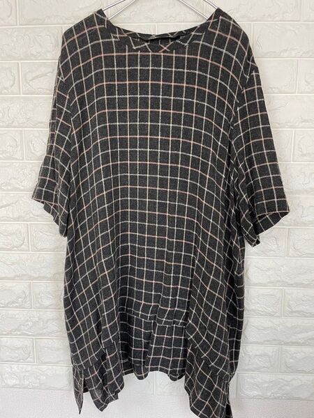 ZARA WOMAN グレーとピンクのチェック柄 半袖チュニック Mサイズ