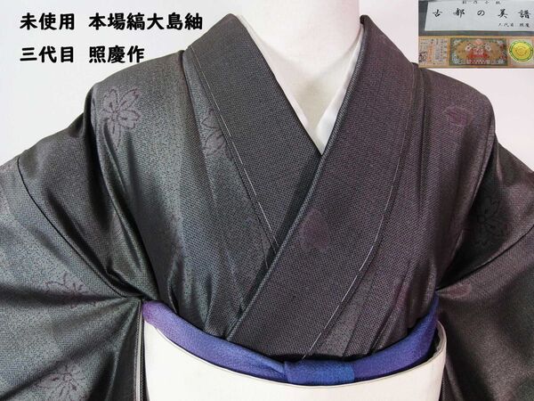 未使用 本場縞大島紬 染大島 三代目照慶作 証紙付 桜文様 美品 着物 正絹 濃灰色