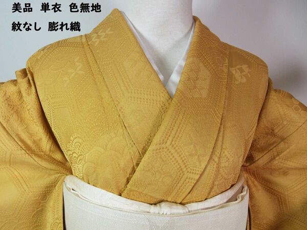 美品 単衣 色無地 紋なし 膨れ織 亀甲文様 着物 正絹 不言色