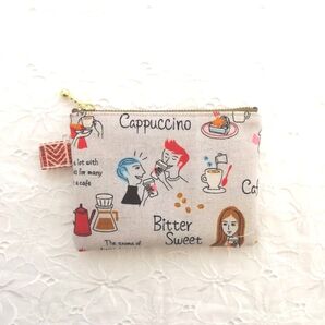 カフェ柄 ファスナーポーチ 12㎝ファスナー