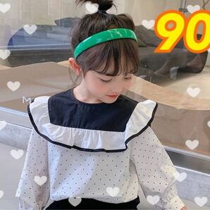 新品 子供 ブラウス 90 ドット 長袖 フリル チュニック トップス レトロ キッズ シャツ ブラウス 韓国 女の子 おしゃれ