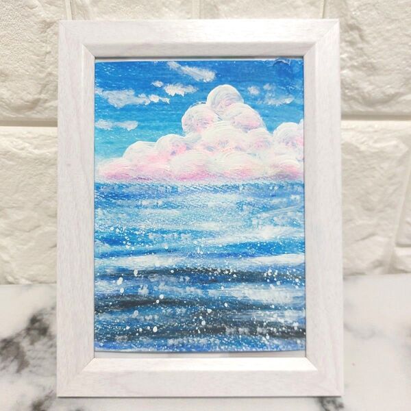 入道雲と波 2Lサイズ フレーム入り 原画 アクリル画 クレヨン 絵画 原画 海景画 海の絵