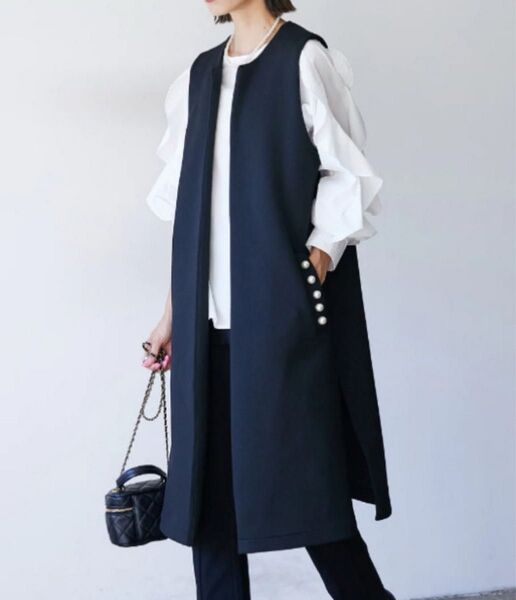 レディース ジレ ロングジレ パール 卒業式 入学式 上品 スーツ ネイビー