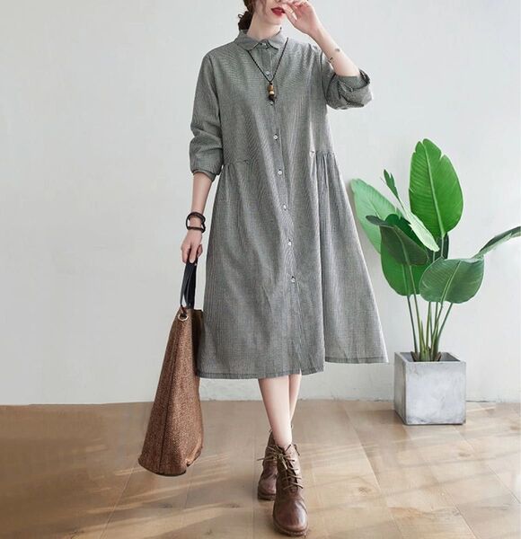 ゆる ロングシャツ チェック柄 シャツワンピース チェック柄 レディース 春夏 長袖 スタンドカラー 大きいサイズ 綿麻