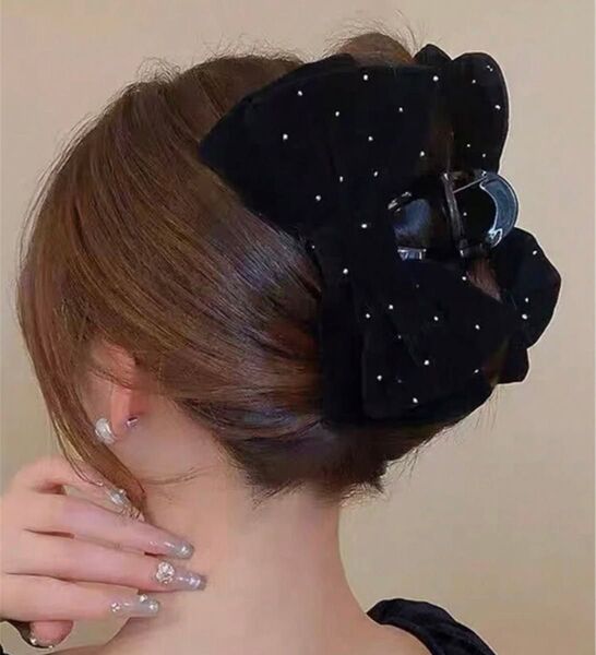 黒ベルベットパールリボンヘアアクセサリー