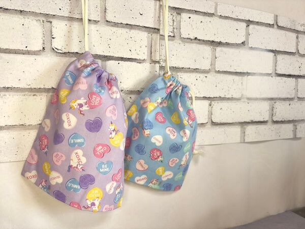 ユニコーン ハートコップ袋 巾着袋 入園入学新学期 2枚セット ハンドメイド 給食袋 ミニ巾着袋 巾着